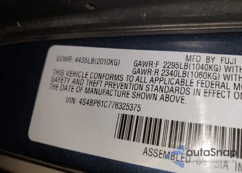 2007 Subaru Outback 2.5I from USA, damaged, VIN 4S4BP61C776325375